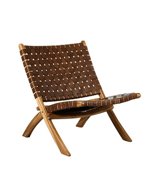 Fauteuil SAMA en bois de noyer et cuir tressé marron
