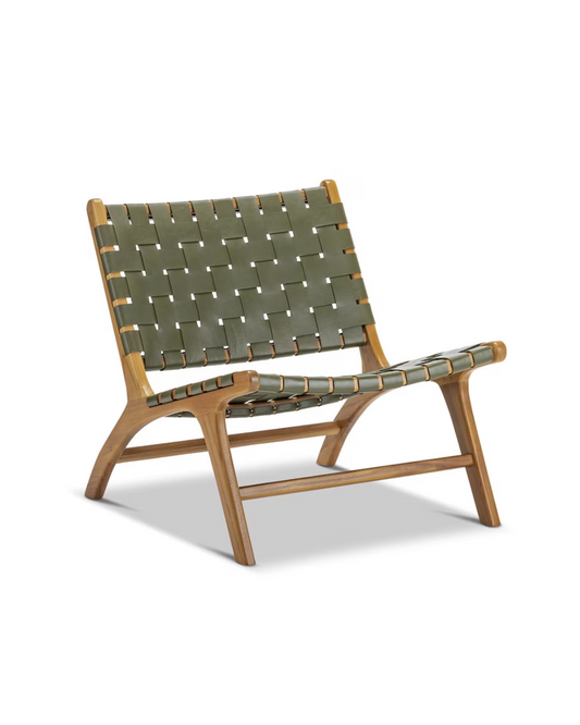 Fauteuil SAMA en bois de noyer et cuir tressé kaki